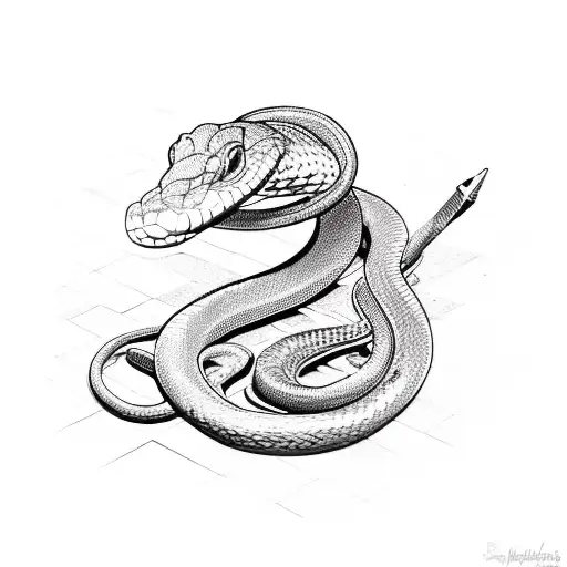 A snake coiled around a gun, with fine line details and dotwork shading tattoo design idea