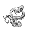 A snake coiled around a gun, with fine line details and dotwork shading tattoo design idea
