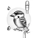 A sparrow perched on a vintage microphone, surrounded by musical notes tattoo design idea