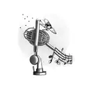 A sparrow perched on a vintage microphone, surrounded by musical notes tattoo design idea
