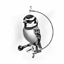 A sparrow perched on a vintage microphone, surrounded by musical notes tattoo design idea