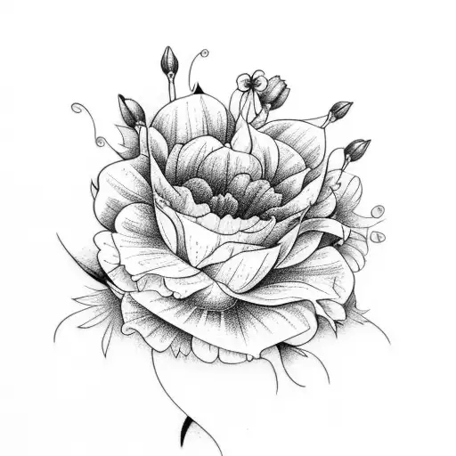 bouquet of flowers with a marigold, daffodil, lily and morning glory tattoo design idea