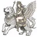 Amazon Warrior Princess riding a gryphon with the head of a golden retriever  tattoo design idea