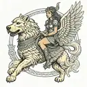 Amazon Warrior Princess riding a gryphon with the head of a golden retriever  tattoo design idea