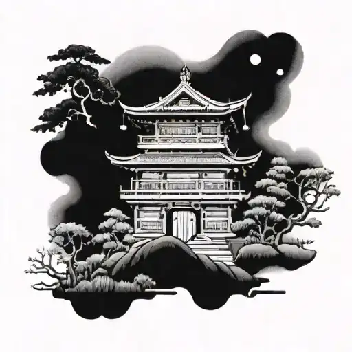 3 japanese temples as a festival scene tattoo design idea