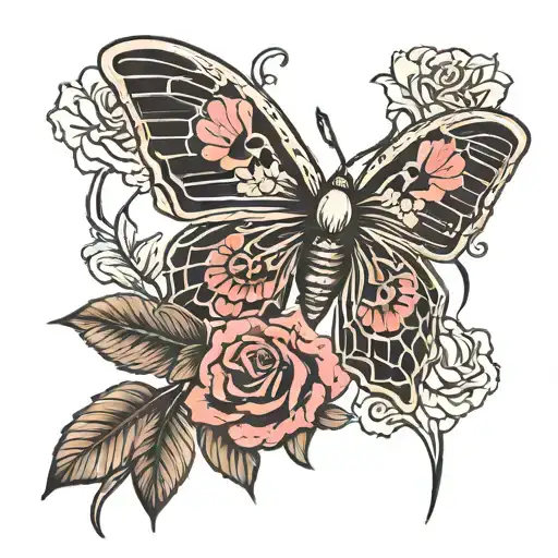 death moth rosy butterfly moons and roses tattoo design idea