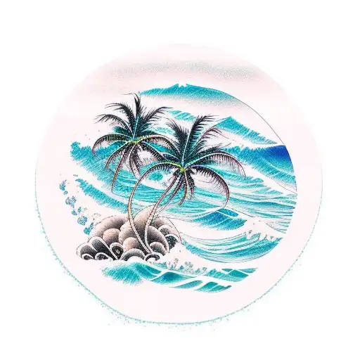 beach scene with waves and a palm tree tattoo design idea