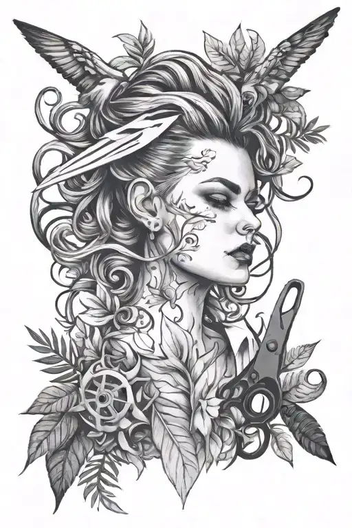 hair cutting shears, greenery, booby pins tattoo design idea