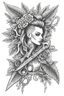 hair cutting shears, greenery, booby pins tattoo design idea