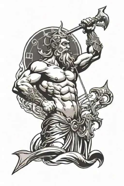 Poseidon holds a trident in his hand up to his waist tattoo design idea