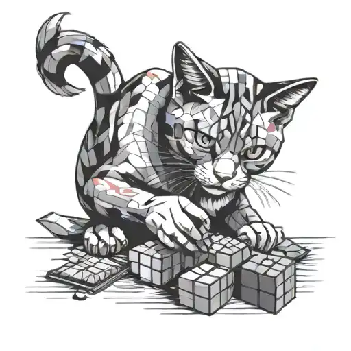A cat playing with a Rubik's cube, surrounded by craft supplies tattoo design idea