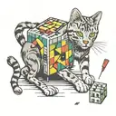 a grey tabby cat playing with a rubiks cube and film tape tattoo design idea