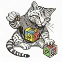 a grey tabby cat playing with a rubiks cube and film tape tattoo design idea