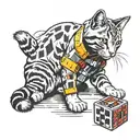 a grey tabby cat playing with a rubiks cube and film tape tattoo design idea