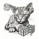 A cat playing with a Rubik's cube, surrounded by craft supplies tattoo design idea