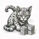 A cat playing with a Rubik's cube, surrounded by craft supplies tattoo design idea