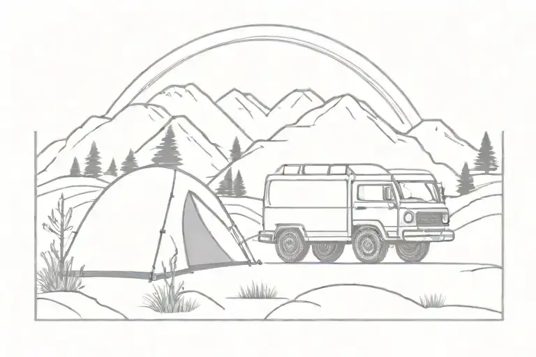 A jeep is driving in nature between rocks and next to a fire with a tent tattoo design idea