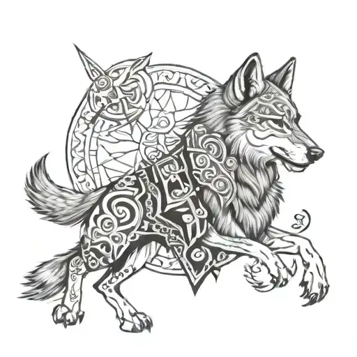 turk warrior and grey wolf howling tattoo design idea
