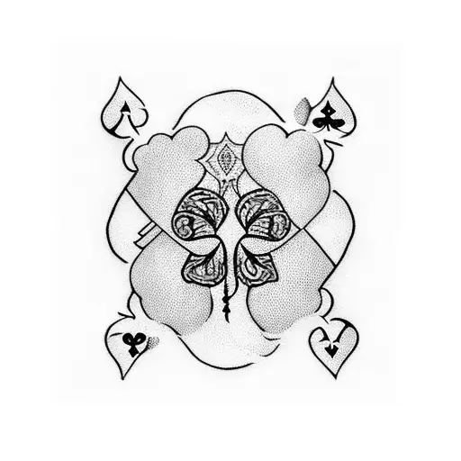 A blackwork tattoo of a playing card with a five leaf clover pattern on it tattoo design idea