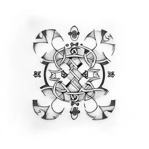 A dotwork tattoo of a Celtic knot design incorporating elements of a jack of clubs card and a five leaf clover tattoo design idea