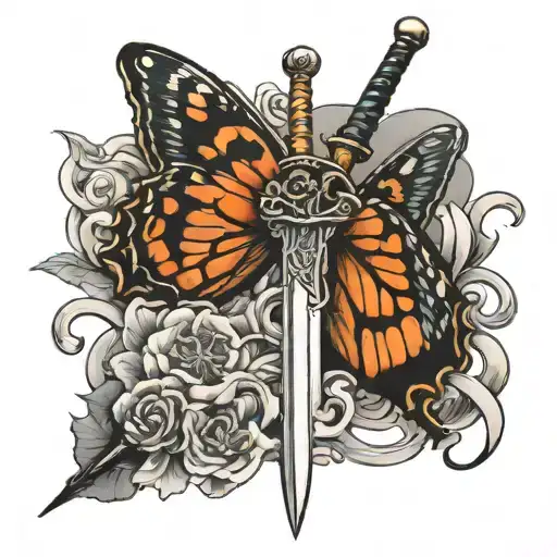 butterfly and sword intertwined tattoo design idea