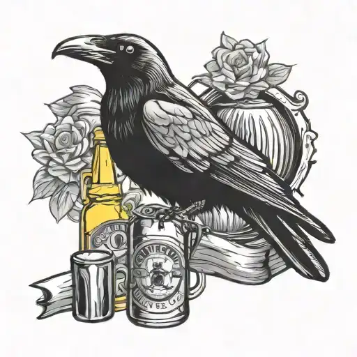 crow and beer bottle tattoo design idea