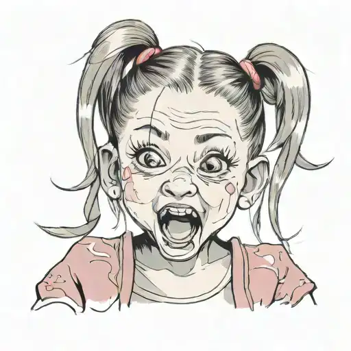 a little girl making a funny face with her hair in pigtails, cute silly face, funny face, silly face, cute and funny, cr tattoo design idea