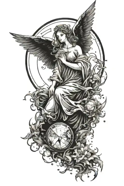 Angel protecting a broken crystal orb that emanates a black aura and fire, a wind that fans it and a watchman tattoo design idea