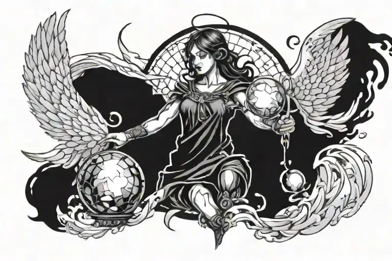 Angel protecting a broken crystal orb that emanates a black aura and fire, a wind that fans it and a watchman tattoo design idea