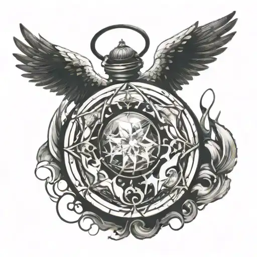 Angel protecting a broken crystal orb that emanates a black aura and fire, a wind that fans it and a watchman tattoo design idea