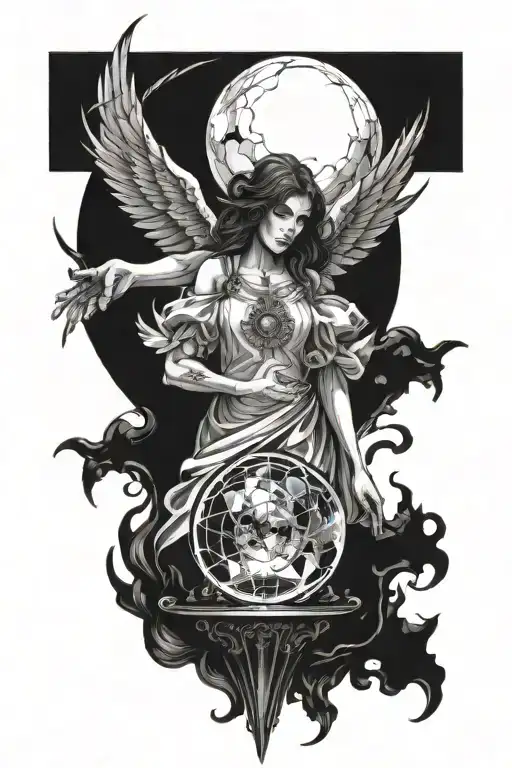 Angel protecting a broken crystal orb that emanates a black aura and fire, a wind that fans it and a watchman tattoo design idea