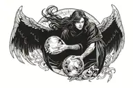 Angel protecting a broken crystal orb that emanates a black aura and fire, a wind that fans it and a watchman tattoo design idea