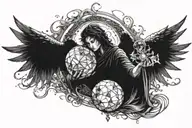 Angel protecting a broken crystal orb that emanates a black aura and fire, a wind that fans it and a watchman tattoo design idea