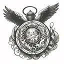 Angel protecting a broken crystal orb that emanates a black aura and fire, a wind that fans it and a watchman tattoo design idea