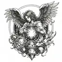 Angel protecting a broken crystal orb that emanates a black aura and fire, a wind that fans it and a watchman tattoo design idea