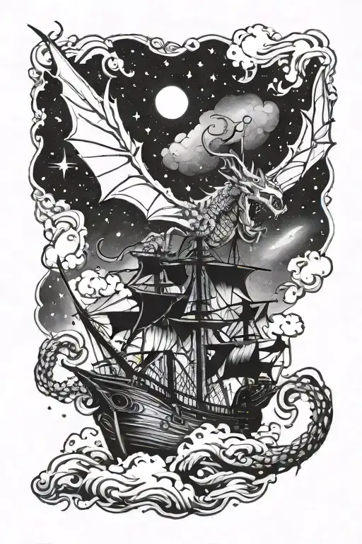 A dragon flying over a pirate ship in a cosmic universe tattoo design idea