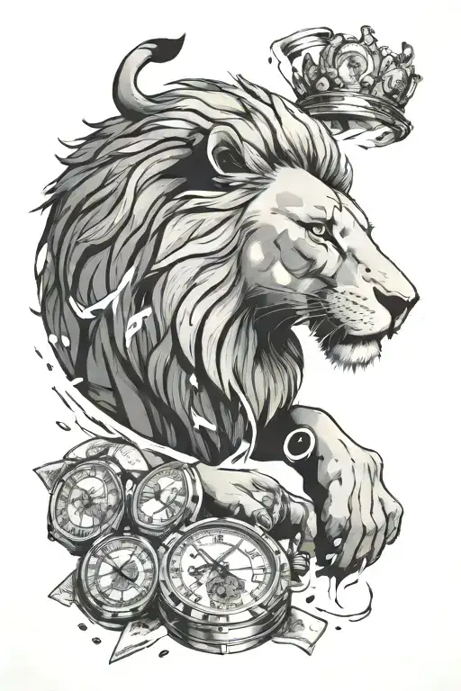 Money raining, a Business man with a Rolex Watch looking at a lion. tattoo design idea