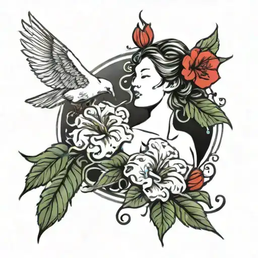 aphrodite in chinese with doves and hibiscus flowers surrounding the words. thorns are coming out of the word as well.  tattoo design idea