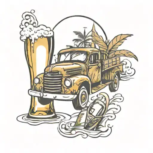 trucks, beach, beer bottle tattoo design idea