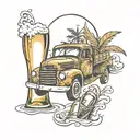 trucks, beach, beer bottle tattoo design idea