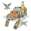 trucks, beach, beer bottle tattoo design idea