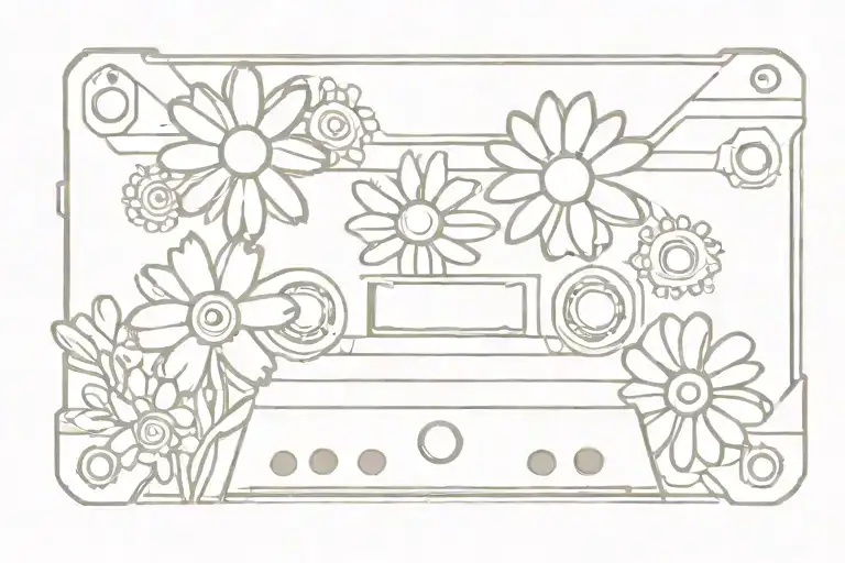 cassette tape with cartoon style daisies  tattoo design idea