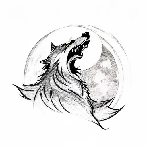 A mysterious silhouette of a werewolf howling at the moon tattoo design idea