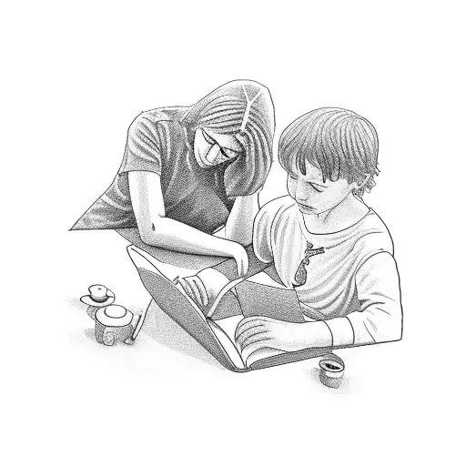 a boy sitting by a tree writing and dressed with a mother crying  tattoo design idea