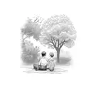 a boy sitting by a tree writing and dressed with a mother crying  tattoo design idea