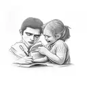 a boy sitting by a tree writing and dressed with a mother crying  tattoo design idea