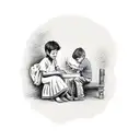 a boy sitting by a tree writing and dressed with a mother crying  tattoo design idea