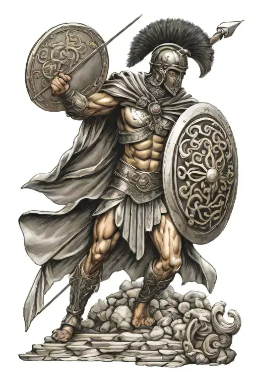 Greek mythological figure Achilles in battle with shield, helmet and spear within a boarder of Greek key tattoo design idea