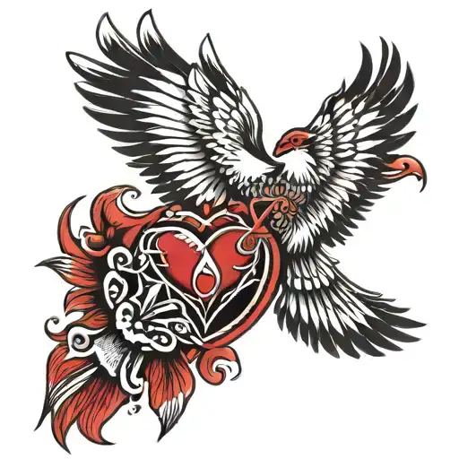 western thunderbird with queen of hearts and ace of hearts tattoo design idea
