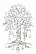 A sketch tattoo of a tree with roots shaped like African and Egyptian hieroglyphics tattoo design idea